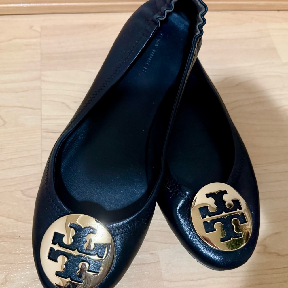 Tory Burch Black Flats with Gold Emblem
